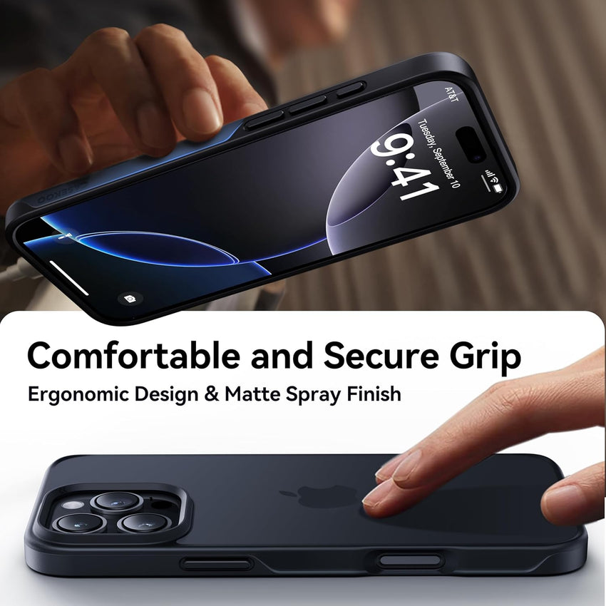 CASEKOO Air-Touch Slim Silky-Smooth Case for iPhone 16 Pro [16FT Military-Grade All-Round Protection] Shockproof Semi-Transparent Matte Cover with 1x Portable Foldable Stand – Black