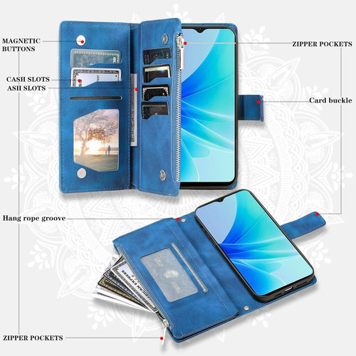 Asuwish Phone Case for OPPO A57 4G/A57S/A57E/A77 4G Wallet Cover With Tempered Glass Screen Protector and Wrist Strap Mandala Flower Leather Flip Zipper Credit Card Holder Stand Cell Women Blue