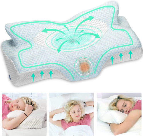 Elviros Cervical Contour Memory Foam Pillow for Neck Pain Orthopedic Neck Pillow for Shoulder Pain Ergonomic Head Neck Support Pillow for Side/Back/Stomach Sleepers with Removable Cover (Blue)