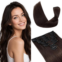 Clip-in Human Hair Extensions 8 Piece Remy Straight 16in 65g Full Head #2 Dark Brown