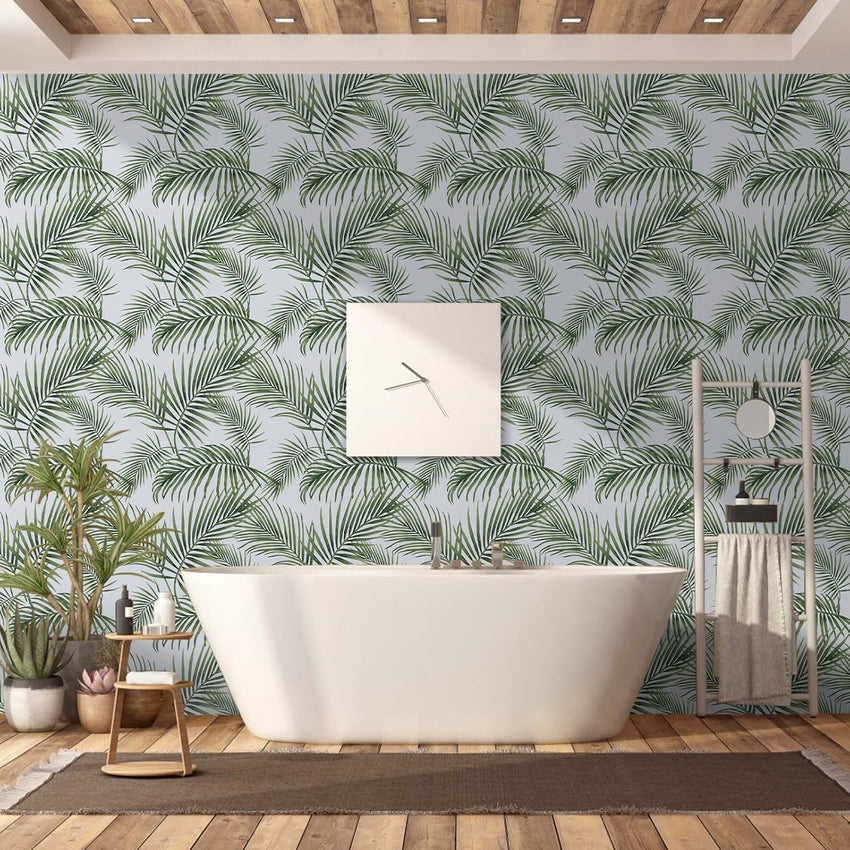 Hode Self Adhesive Wallpaper Green Leaf, Patterned Sticky Back Plastic Roll, Bathroom Kitchen Cupboard Worktop Vinyl Wrap for Furniture Table 90cmx6m