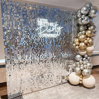 Kelfara Silver Shimmer Wall Backdrop, 24 Pcs Square Sequin Wall Backdrop Panels, Photo Backdrops for Birthday, Anniversary, Wedding, Baby Shower, Graduation & Bachelorette Party Decoration
