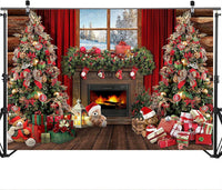 Avezano Christmas Fireplace Backdrop Xmas Tree Gifts Wooden Window Background Holiday Family Party Decorations Happy New Year Xmas Baby Shower Kids Birthday Party Portrait Banner(7ft x 5ft)