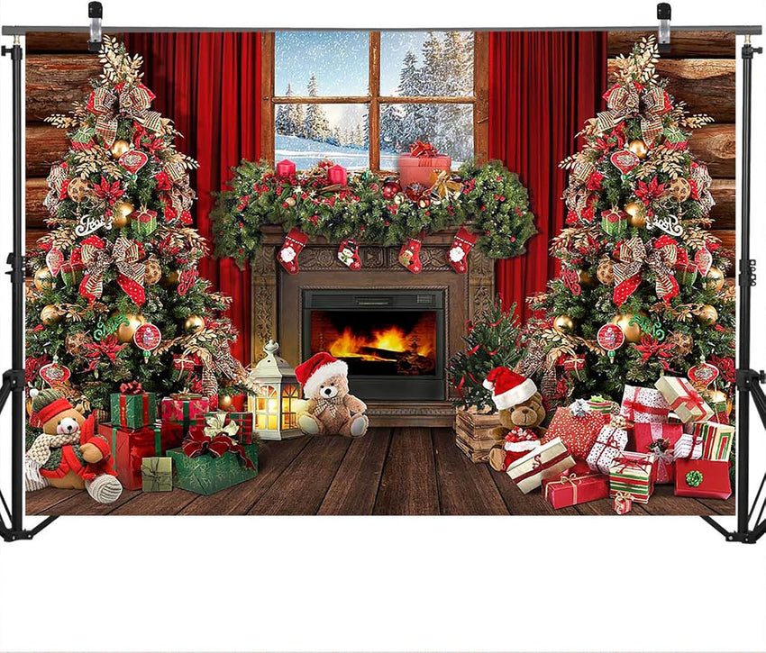 Avezano Christmas Fireplace Backdrop Xmas Tree Gifts Wooden Window Background Holiday Family Party Decorations Happy New Year Xmas Baby Shower Kids Birthday Party Portrait Banner(7ft x 5ft)