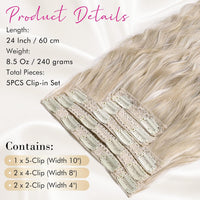 REECHO Clip in Hair Extensions, 5PCS Ash Blonde Hair Extensions 24" Thick Long Loose Waves hair extensions HE002 Invisible Lace Weft Natural Soft Hairpieces for Women Â¨C Ash Blonde with Highlights