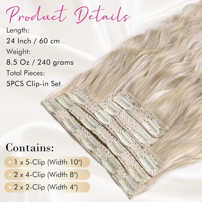 REECHO Clip in Hair Extensions, 5PCS Ash Blonde Hair Extensions 24" Thick Long Loose Waves hair extensions HE002 Invisible Lace Weft Natural Soft Hairpieces for Women Â¨C Ash Blonde with Highlights