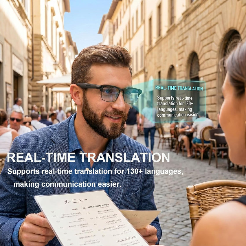 Smart Glasses 8MP Camera Open-Ear Speakers Bluetooth Voice Control Video Recording Real-Time Translation