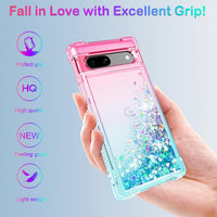 Pilaru for Google Pixel 7a Case [with Screen Protector] Clear Liquid Heart Glitter Soft TPU Bumper Cover Holographic Heart Girly Woman Protective Phone Case for Google Pixel 7a,Pink/Teal