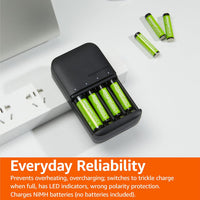 Amazon Basics Battery Charger for Rechargeable AA and AAA NiMh Batteries - UK Plug, 4-Bay, Black