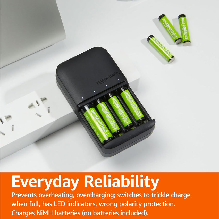 Amazon Basics Battery Charger for Rechargeable AA and AAA NiMh Batteries - UK Plug, 4-Bay, Black