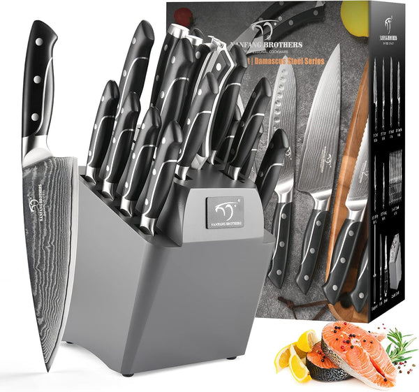 NANFANG BROTHERS Damascus Knife Set,18-Pieces Kitchen Knife Set with Wooden Block VG10 Core Steel with 8 Steak Knife,Japanese Professional Kitchen Sharp Knife Set