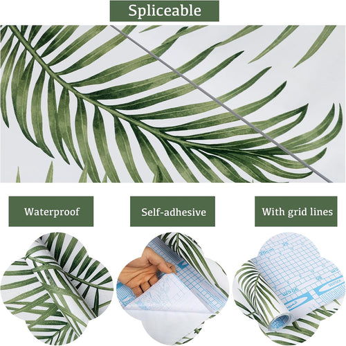 Hode Self Adhesive Wallpaper Green Leaf, Patterned Sticky Back Plastic Roll, Bathroom Kitchen Cupboard Worktop Vinyl Wrap for Furniture Table 90cmx6m