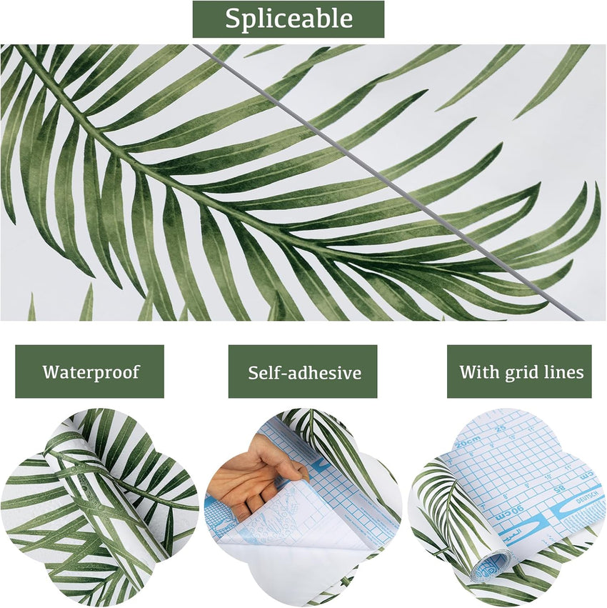 Hode Self Adhesive Wallpaper Green Leaf, Patterned Sticky Back Plastic Roll, Bathroom Kitchen Cupboard Worktop Vinyl Wrap for Furniture Table 90cmx6m