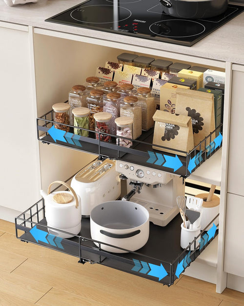 UMDONX 2 Pack Pull out Cabinet Organiser Drawers Kitchen Cupboard Storage, No Punch Extendable Sliding Rack Shelf Adhesive Peel and Stick (Metal, Black)