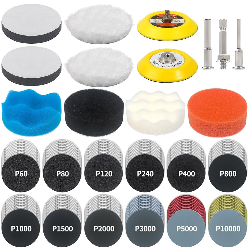 Pomsare 133pcs Sanding Discs Car Polishing Pads Kit for Drill, 75mm Wet and Dry Sandpaper 60-10000 Grits, Car Headlight Restoration Kit, Drill Sanding Attachments Buffing Pads for Auto, Wood and Metal
