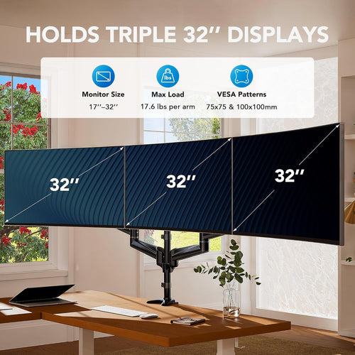HUANUO Triple Monitor Stand Desk Mount for 17-32 Inch Screens, Adjustable Arms With Tilt, Swivel, 2 Mounting Bases, Each Arm Holds up to 8KG, VESA 75x75 100x100 Gaming