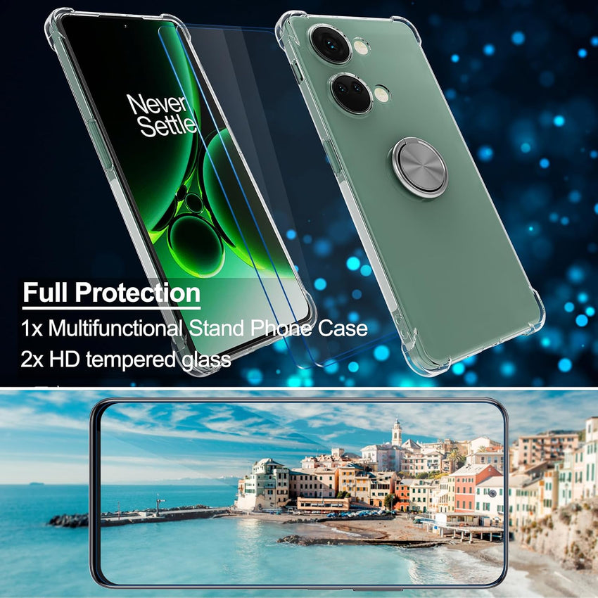 Kickstand Case Compatible with OnePlus Nord 3 5G, Crystal CLEAR Protective Soft TPU Shockproof Case with 360 Degree Magnetic Ring Cover - Silver Ring