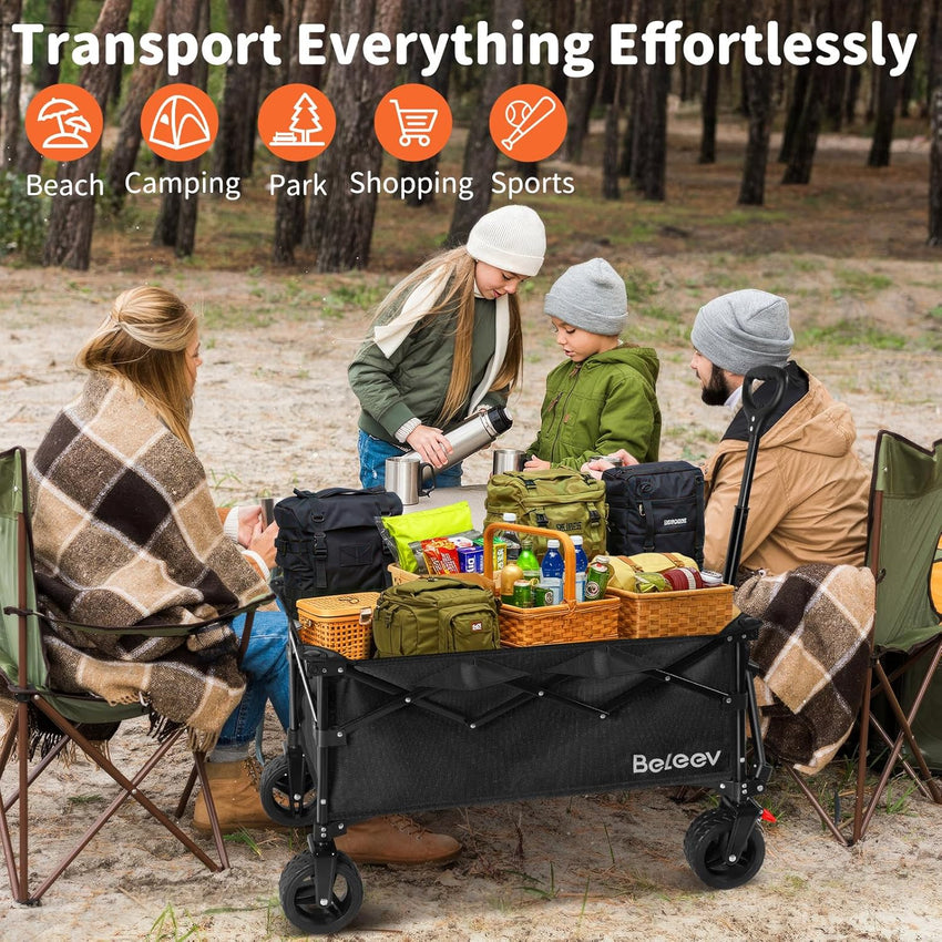 BELEEV Folding Festival Trolley Wagon, Collapsible Camping Trolley Cart with 6" All-Terrain Big Wheels, Side Pocket & Drink Holders, 130L Pull Along Trolley for Beach Grocery Garden Shopping(Black)