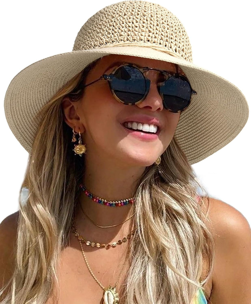 Womens Straw Sun Hat Wide Brim Crochet UPF50+ Foldable Packable Beige M-L