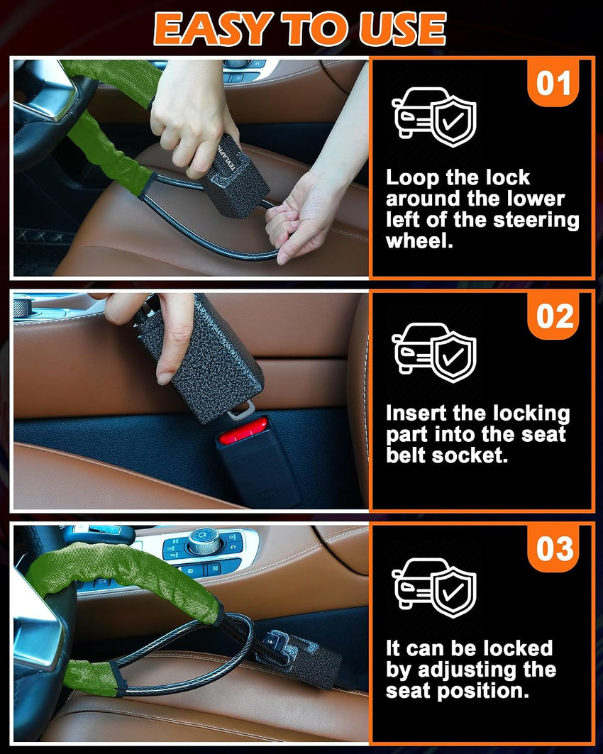 Upgraded Steering Wheel Lock with High Visibility Metal Head â Green