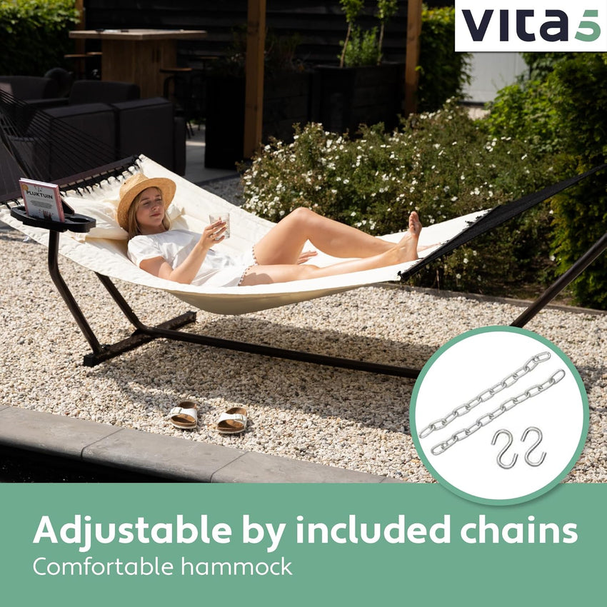 Vita5 Hammock with Stand and Sidetable â 2 Person Garden Hammocks with Cup Holder & Detachable Pillow - Heavy Duty 200kg Capacity, Indoor & Outdoor Hammock: Patio, Pool, Backyard - Beige