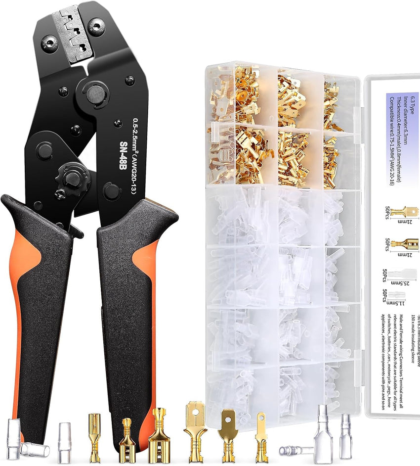 PotentForce Crimping Tool Set - 600pcs Crimp Connectors for 0.5-2.5mmÂ²/AWG 22-16 Wire, Suitable for 2.8mm, 4.8mm, 6.3mm Spade Connectors