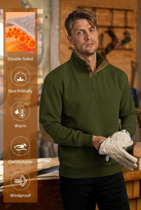 Men's Waffle Pullover Ribbed Corduroy Stand Collar Fleece-Lined Quarter Zip Sweater Green L