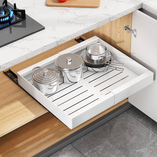 SAYZH Pull Out Cabinet Organiser, Extendable Pull Out Storage, Adjustable Slide Out Drawer Storage Shelves for Kitchen Cupboard with Adhesive Film (30-50 CM W x 43 CM D x 6 CM H)