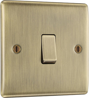 BG Electrical Single Wall Light Switch, 2 Way, Raised and Slim Profile, Round Edges, Nexus Metal, Antique Brass, 20A, 16AX, NAB12