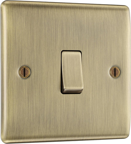 BG Electrical Single Wall Light Switch, 2 Way, Raised and Slim Profile, Round Edges, Nexus Metal, Antique Brass, 20A, 16AX, NAB12