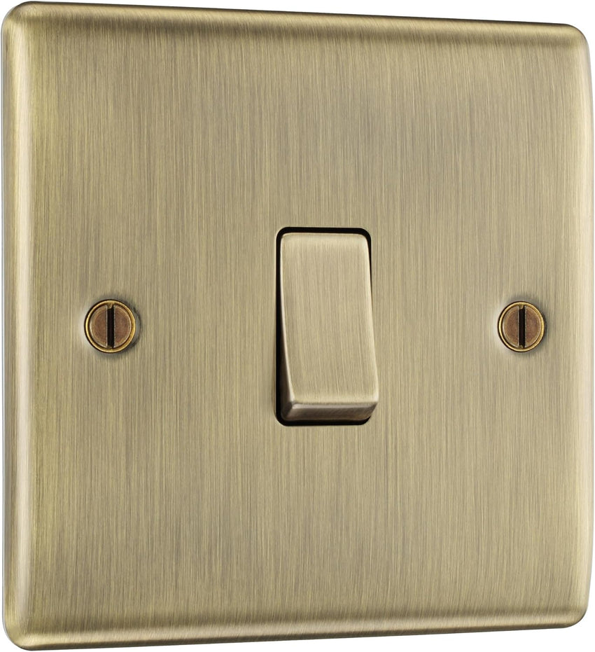 BG Electrical Single Wall Light Switch, 2 Way, Raised and Slim Profile, Round Edges, Nexus Metal, Antique Brass, 20A, 16AX, NAB12