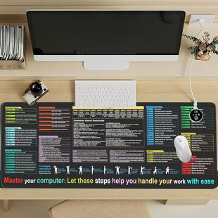 Keyboard Shortcut Mat - Black Oversize Desk Mouse Pad 40x90 Cm, Non-Slip, Dirt Resistant Computer Mat | Smooth Accessory Shortcut Guide for Coding Study Office Room Home Setup