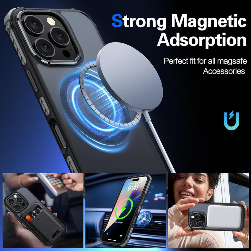 AMILIFECASES Magnetic for iPhone 16 Pro Case, [1X 9H Screen Protector] [Anti-Fingerprint] [Anti-Scratch], Translucent Matte Back Slim Shockproof Case for iPhone 16 Pro 6.3inches - Black
