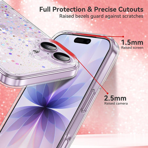 ivencase Clear Glitter Case Compatible with iPhone 17 Case with 2 Tempered Glass Screen Protector, Non-Yellowing [Shockproof] [Anti-Scratch] Slim Sparkly Bling Star Transparent Cover for iPhone 17