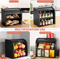 Bamboo Bread Bin 2-Layer Roll-Top Bread Storage with Removable Layer Self Assembly â Black