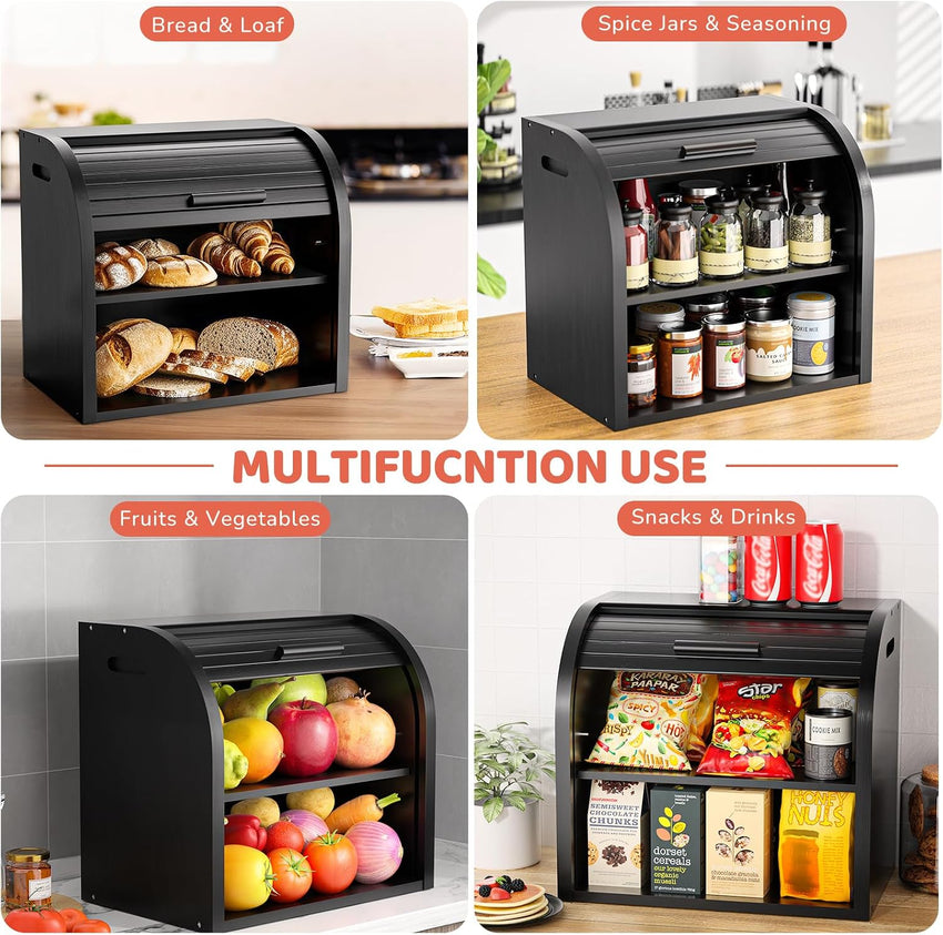 Bamboo Bread Bin 2-Layer Roll-Top Bread Storage with Removable Layer Self Assembly â Black
