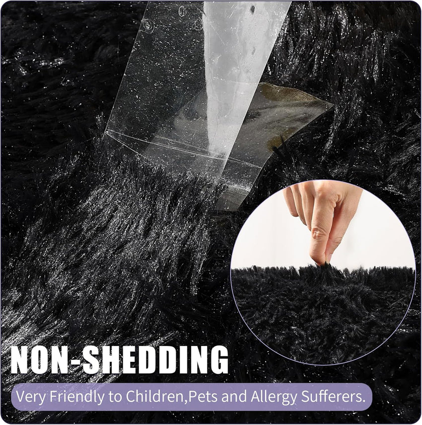 Round Shaggy Area Rug Fluffy High Pile Plush Washable Velvet 120cm Decorative Floor Mat Ã¢ÂÂ Black
