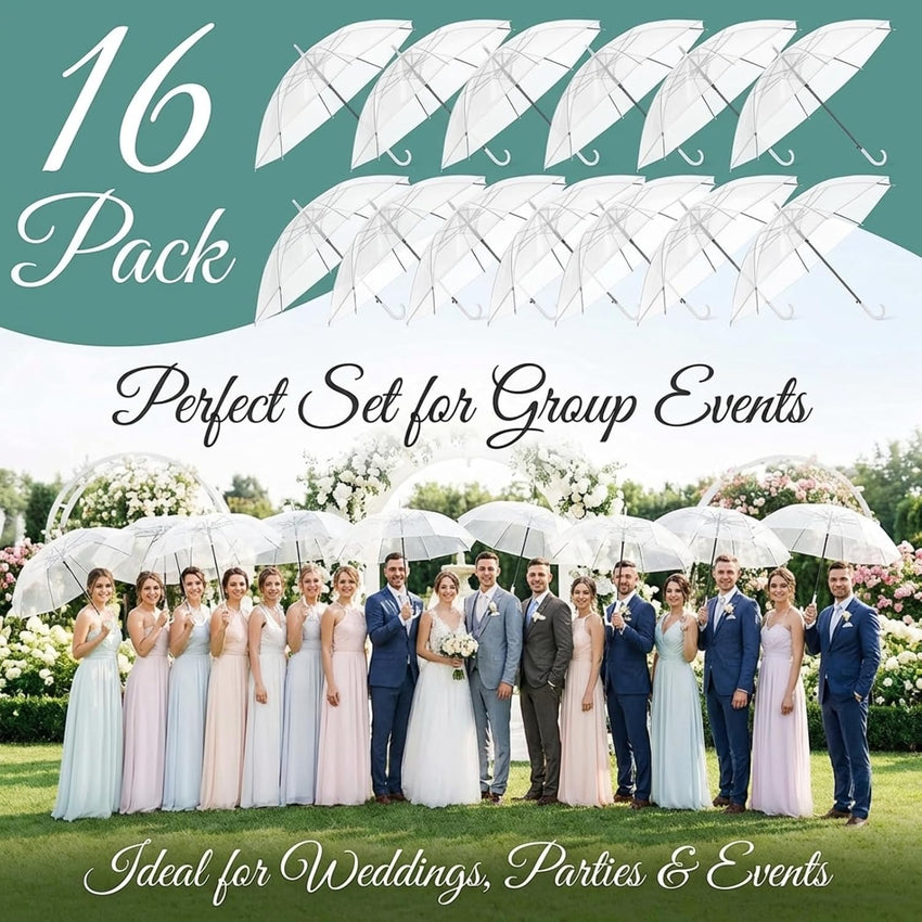 Hestya 16 Pack 37.4 Inch Clear Umbrellas for Wedding White Transparent Umbrella Dome See Through Umbrella Windproof Umbrella Handle Semi-automatic for Woman Men Bride Bridesmaid Party