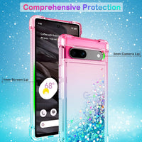 Pilaru for Google Pixel 7a Case [with Screen Protector] Clear Liquid Heart Glitter Soft TPU Bumper Cover Holographic Heart Girly Woman Protective Phone Case for Google Pixel 7a,Pink/Teal
