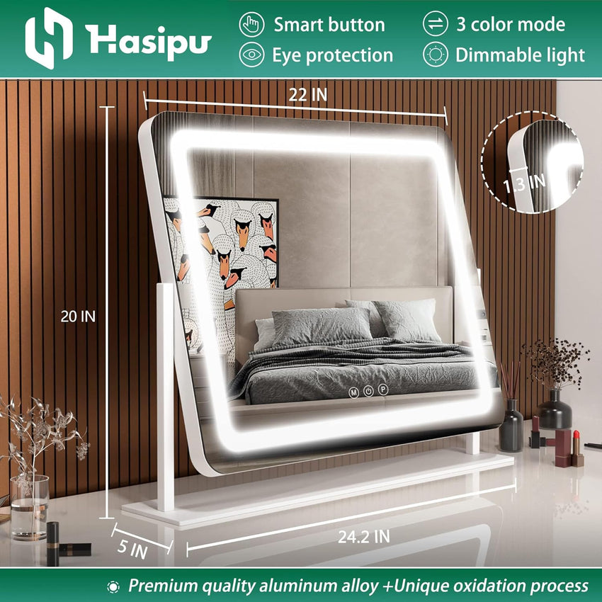 Hasipu Vanity Mirror with Lights, 55 x 45cm LED Makeup Mirror, Light up Mirror with 10X Magnification and USB, Phone Holder, Smart Touch 3 Colors Dimmable, 360ÃÂ° Rotation (Round White)