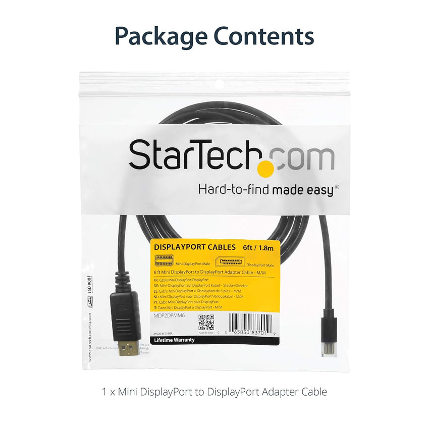 StarTech.com MDP2DPMM3 3 ft Mini DisplayPort to DisplayPort 1.2 Adapter Cable M/M, DisplayPort 4k with HBR2 support, 3 ft Mini DP to DP Cable