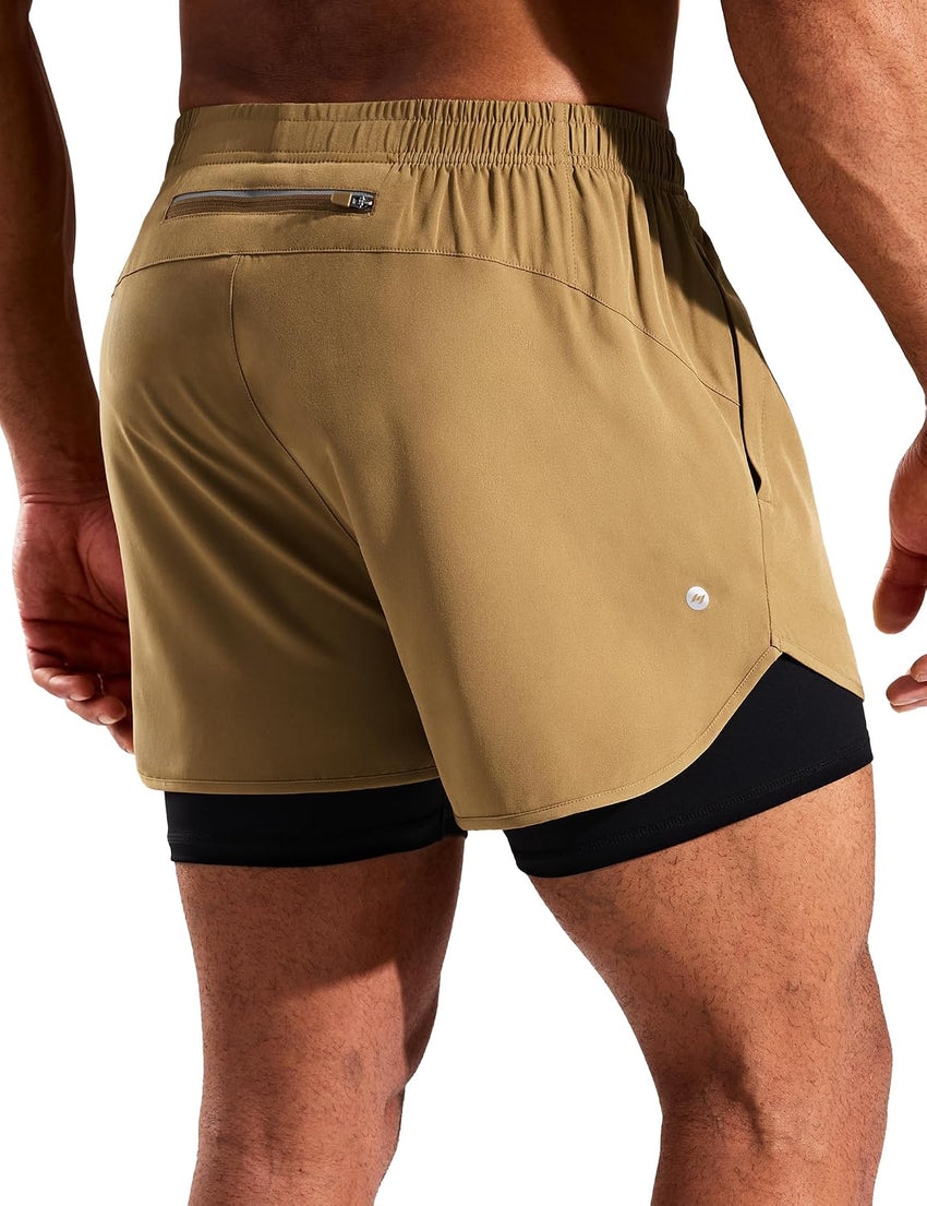 2-in-1 Men's Running Shorts 5in Quick-Dry Compression Liner Pockets 3 inch Khaki 3XL