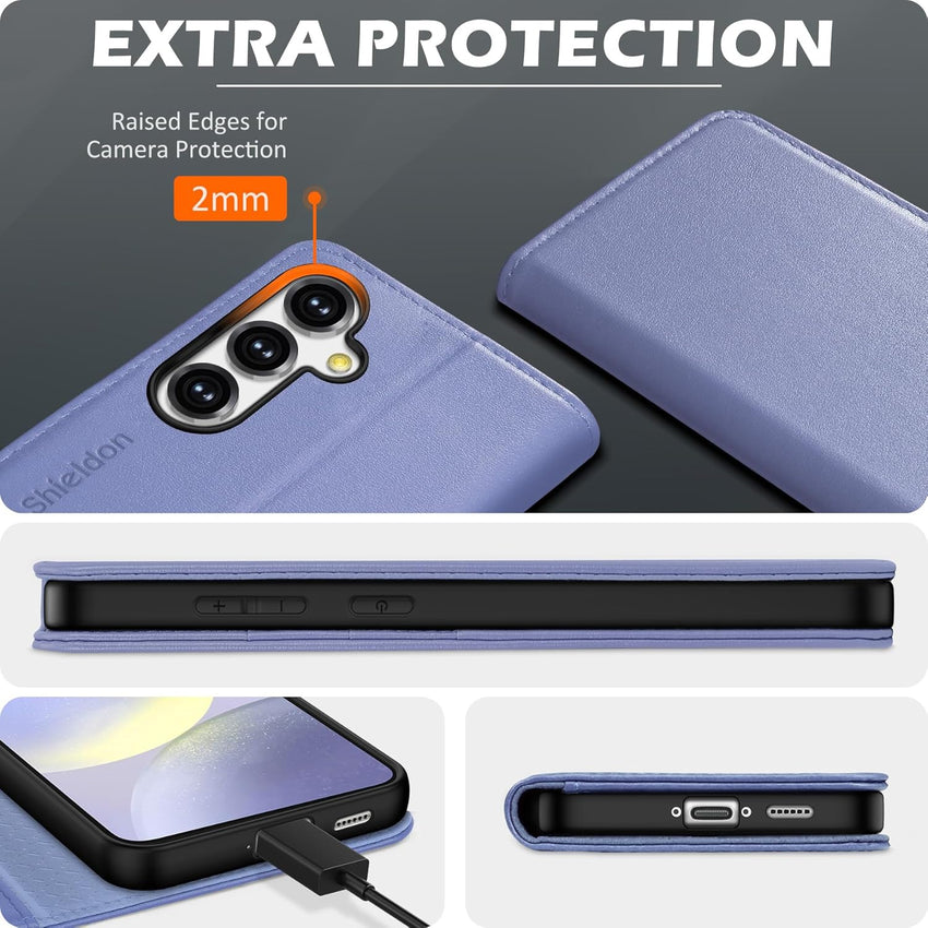 SHIELDON Flip Case for Galaxy S24 FE 6.7", Genuine Leather Wallet Case with [Kickstand][RFID Blocking][Card Slots][Magnetic Closure] Shockproof Phone Cover Compatible with Galaxy S24FE - Navy Blue
