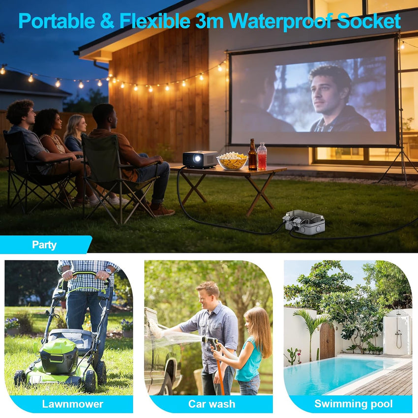 Weatherproof Outdoor Socket Waterproof Double Socket 3M Extension Lead IP66 Switched Wall Electrical Outlet 13 Amp 2 Gang Power Socket, Garden Outside Plug Sockets Cover Box