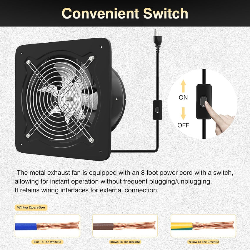 Kitchen Exhaust Fan 8 Inch 980mÂ³/h Low Noise Metal Extractor Black 200mm