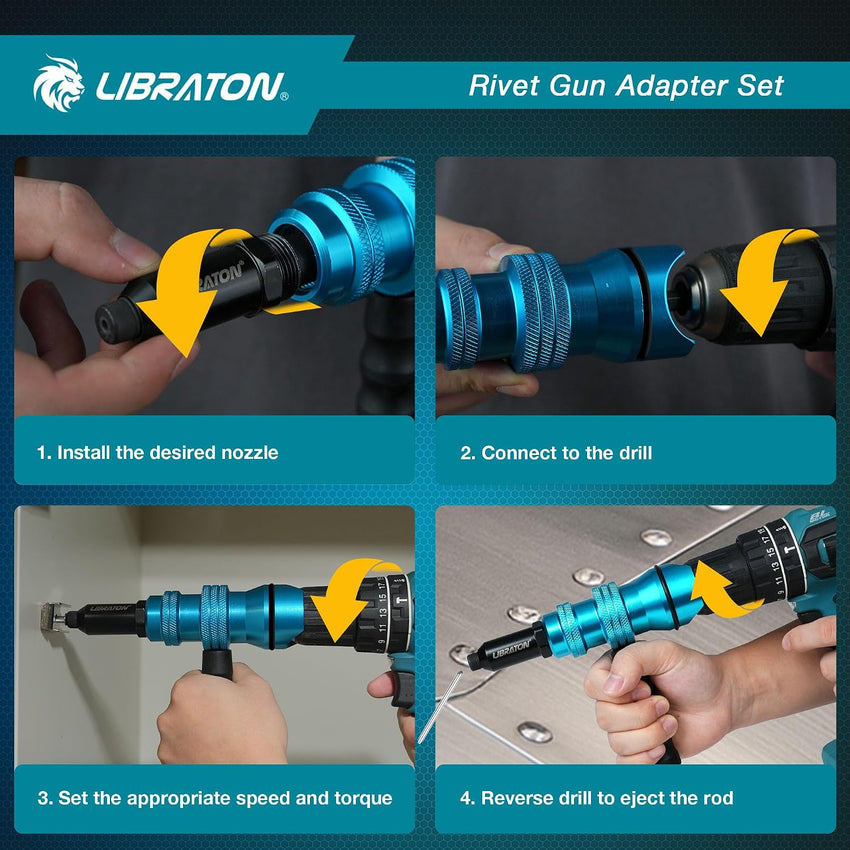 Libraton Rivet Gun Adapter for Electric Drill with Handle for Pop Rivets 2.4mm-4.8mm Black