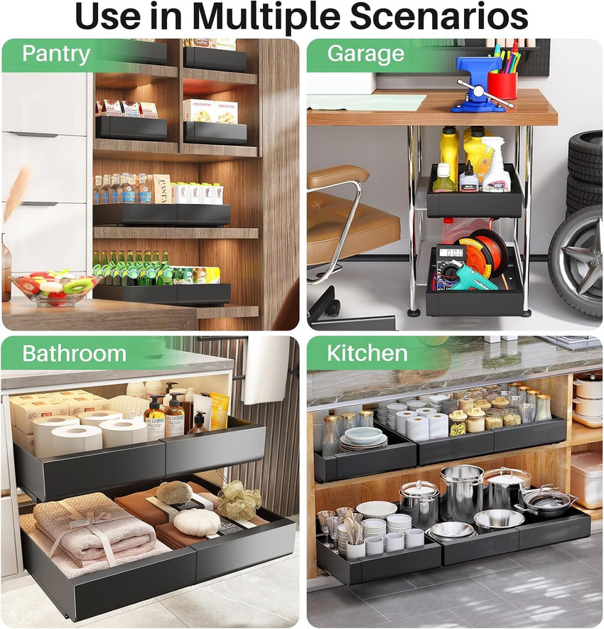Pull-Out Cabinet Organiser 2-Pack Extendable Slide-Out Drawers Nano Tape or Screws â 43D x 30-50W x 5.8H cm