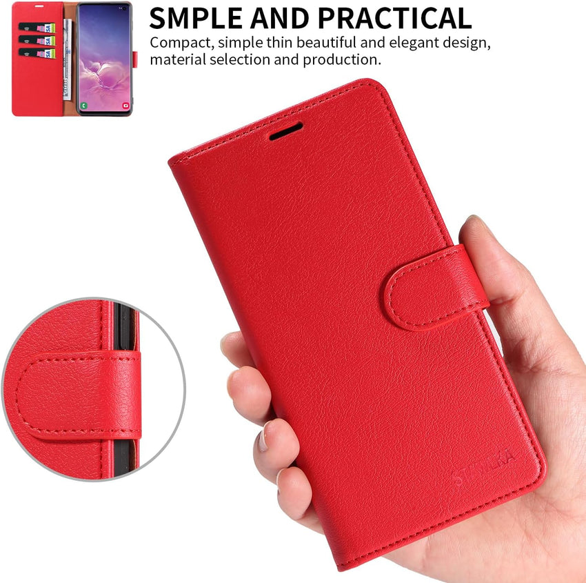 STAWLKA Case for Samsung Galaxy S10, Premium PU Leather Flip Magnetic Buckle Wallet Case Kickstand Blocking RFID Shockproof Protective Phone Cover for Samsung Galaxy S10 - Red