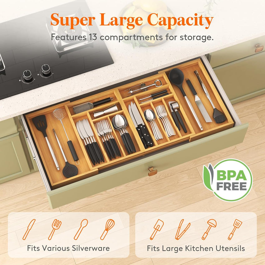 Lifewit Bamboo Extra Large Cutlery Drawer Organiser, Expandable to 36 Inches Cutlery Tray for Kitchen, Adjustable Silverware and Flatware Holder, Plastic Utensil Storage for Spoons Forks Knives