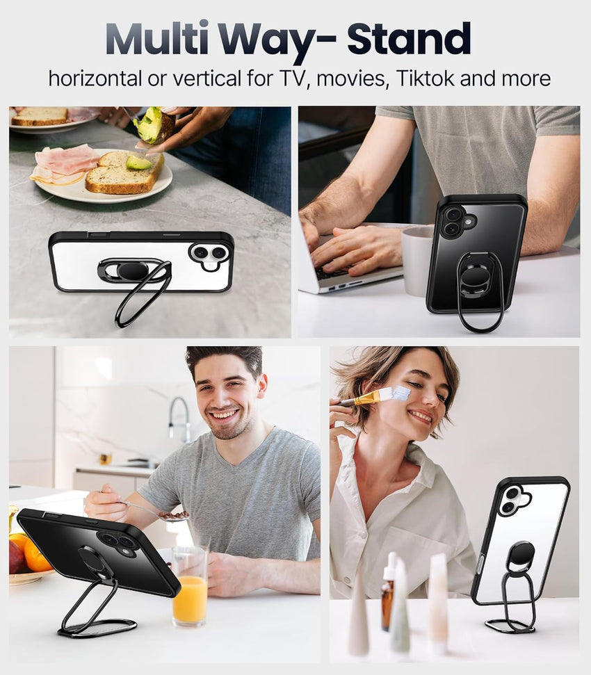 SHIELDS UP for iPhone 16 Case with Stand, Phone Case Clear with Double Ring HolderAdjustable & Fodable Shockproof Protective Cover for iPhone 16 6.1'' - Clear Black